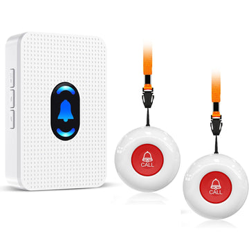 Sistema de localizador inalámbrico Daytech para cuidadores: botones de llamada y receptor, sin cuota mensual, alerta de caídas para personas mayores en casa.